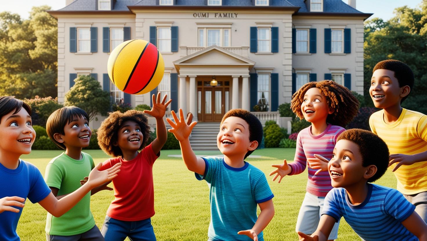 Enfant jouant au ballon, devant une grande maison représentant l'orphelinat Oumi family