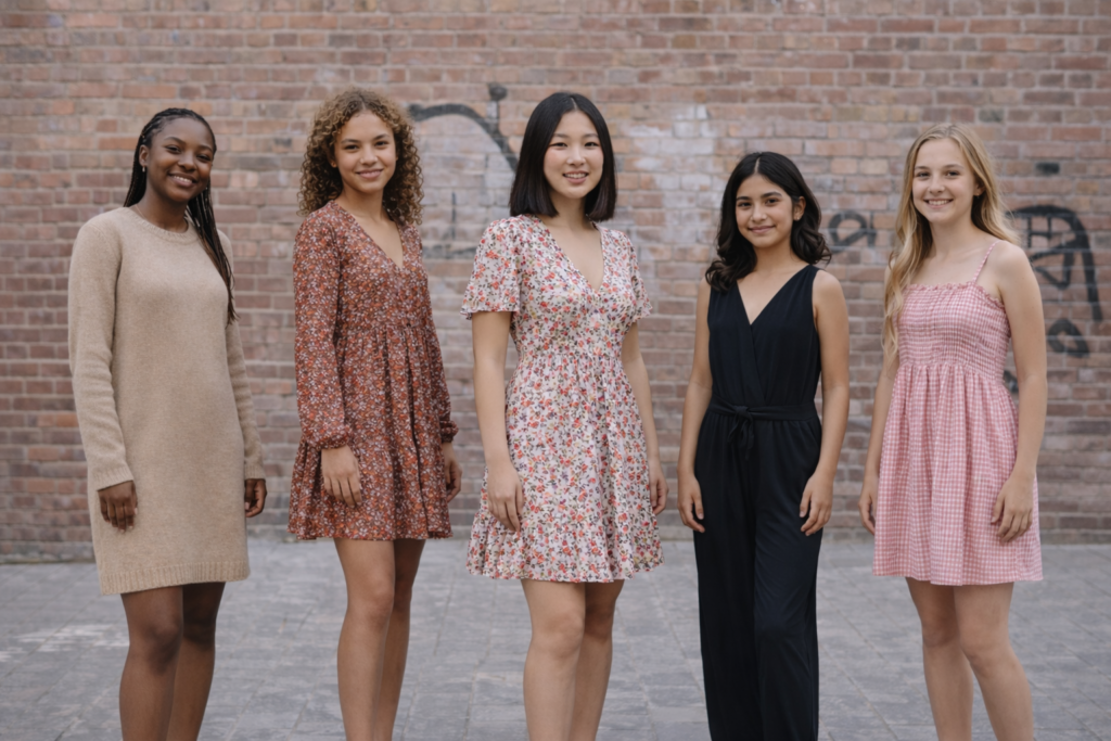 Cinq adolescentes portant différentes robes et combinaisons de marques variées issues de la sélection Oumi Friperie