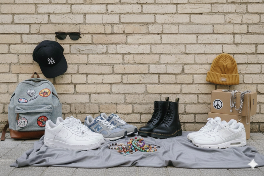 Sélection d'accessoires et chaussures ado en friperie : baskets Nike Air Force One, New Balance, Doc Martens, sac à dos en jean et bijoux de seconde main