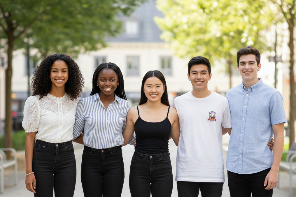 Groupe de trois filles et deux garçons souriants dans la rue, portant une blouse fluide, un chemisier léger, des t-shirts colorés et des tops tendances
