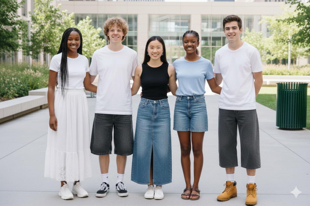 Trois filles en jupe longue blanche, jupe longue en jean et jupe courte en denim, accompagnées de deux garçons en bermudas larges sous le genou