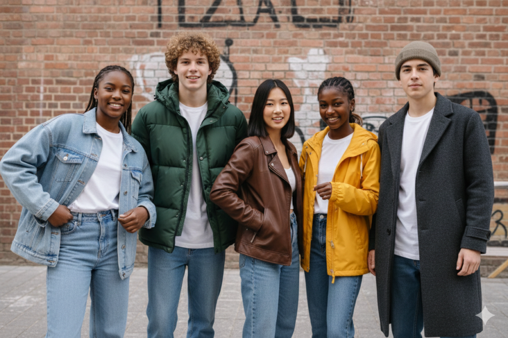 Groupe de cinq adolescents portant une doudoune, une veste en jean, un imperméable, un blouson en cuir et un manteau 3/4 habillé