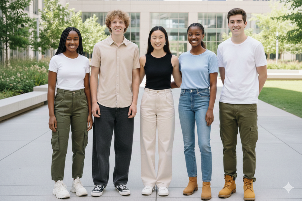 Groupe de cinq adolescents portant un pantalon cargo à poches, un jean large, un pantalon taille haute et un jean skinny ajusté