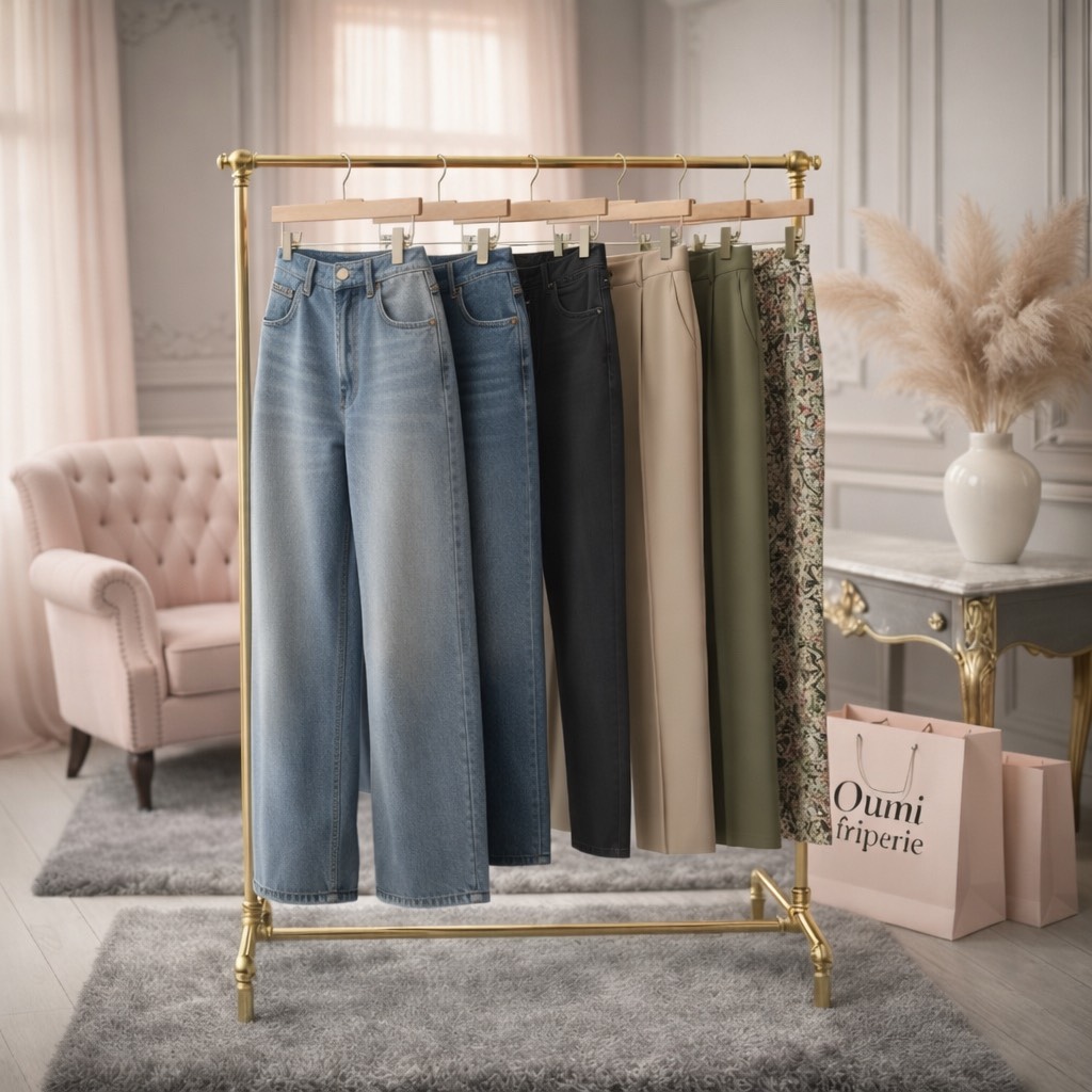 Jean de luxe, pantalon de tailleur et coupes tendance en parfait état