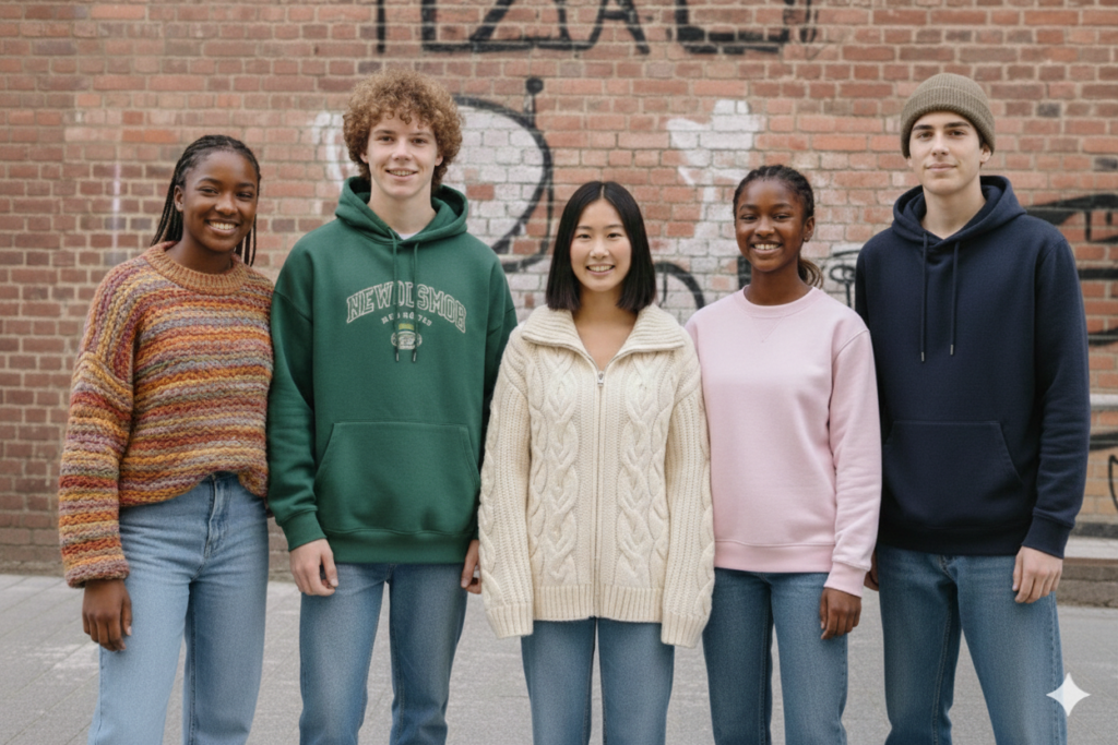 Cinq adolescents présentant un pull à col roulé épais, un sweat à capuche vert, un gilet zippé crème en maille, un pull rose poudré et un sweat bleu marine