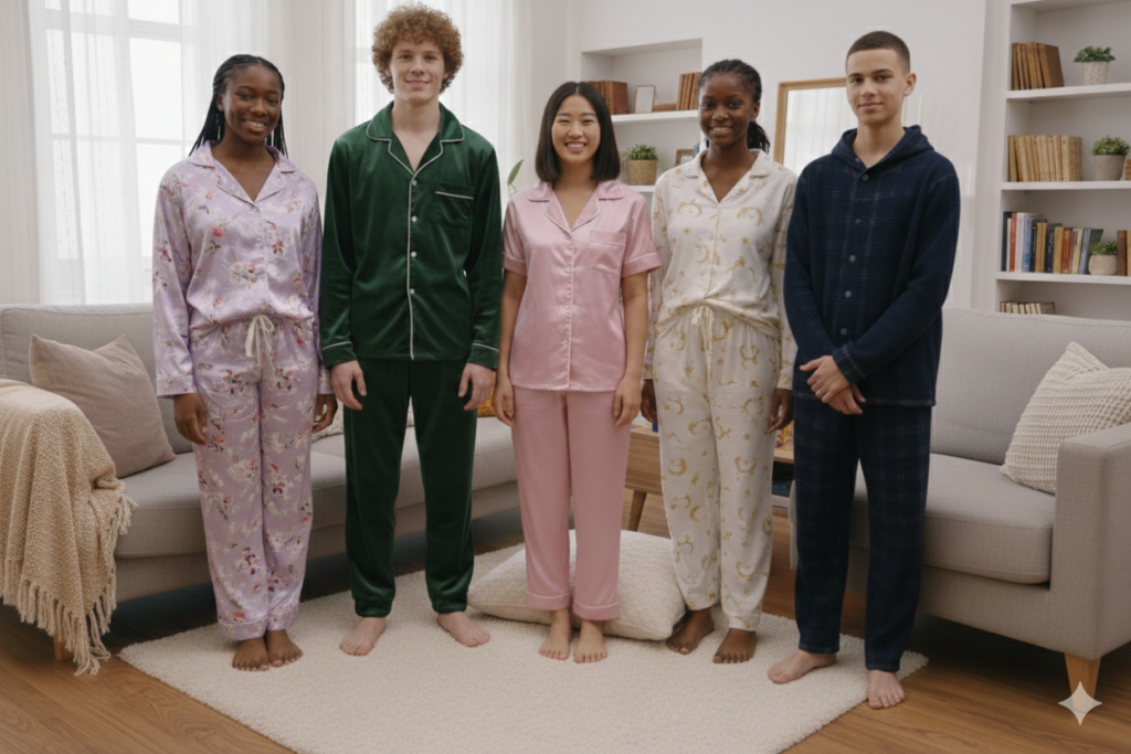 Groupe d'adolescents en pyjamas confortables, portant des ensembles en coton, des bas de nuit à carreaux et des hauts de pyjama unis dans une ambiance détente