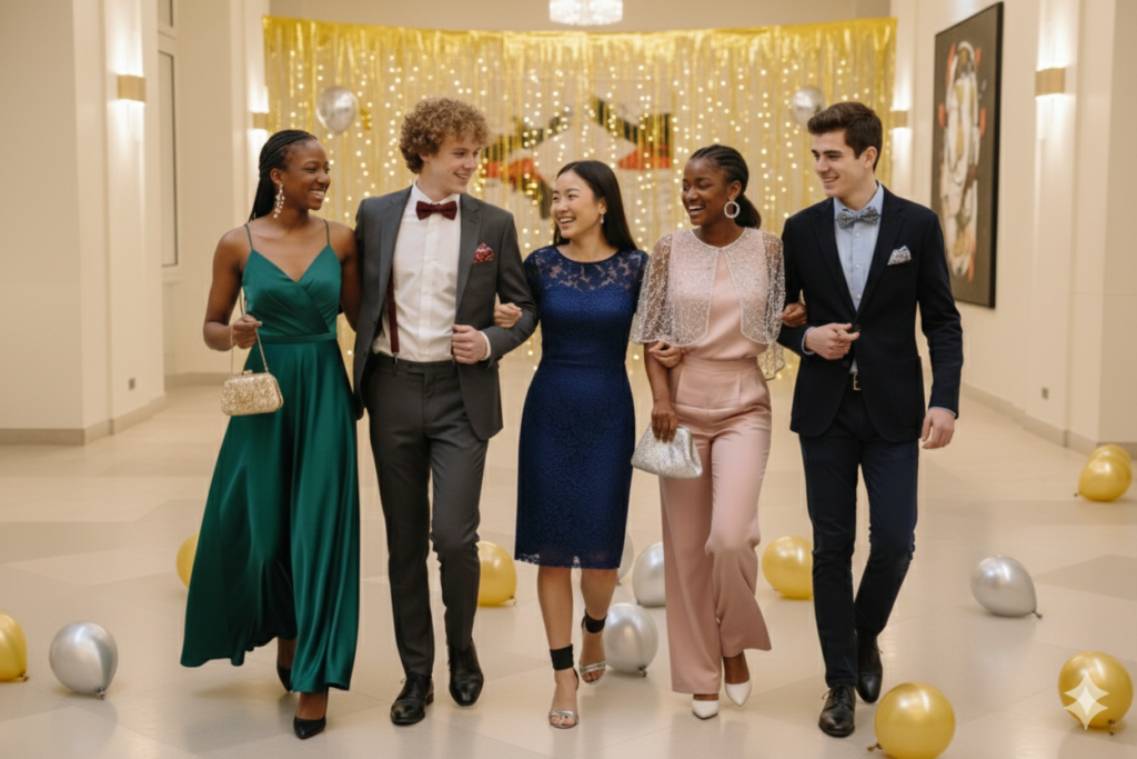 Cinq adolescents en fête dans un décor de ballons, portant une robe longue en satin vert, une robe mi-longue bleu marine, un ensemble pantalon fluide en satin et deux smokings avec nœuds papillon