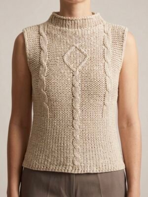 Pull sans manches beige torsadé