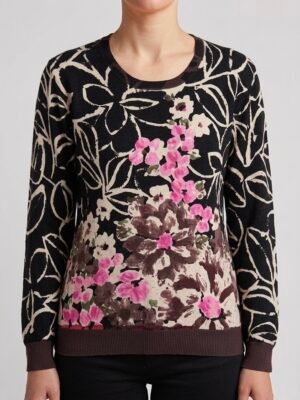 Pull fin imprimé floral marron et rose Cristina femme taille L porté