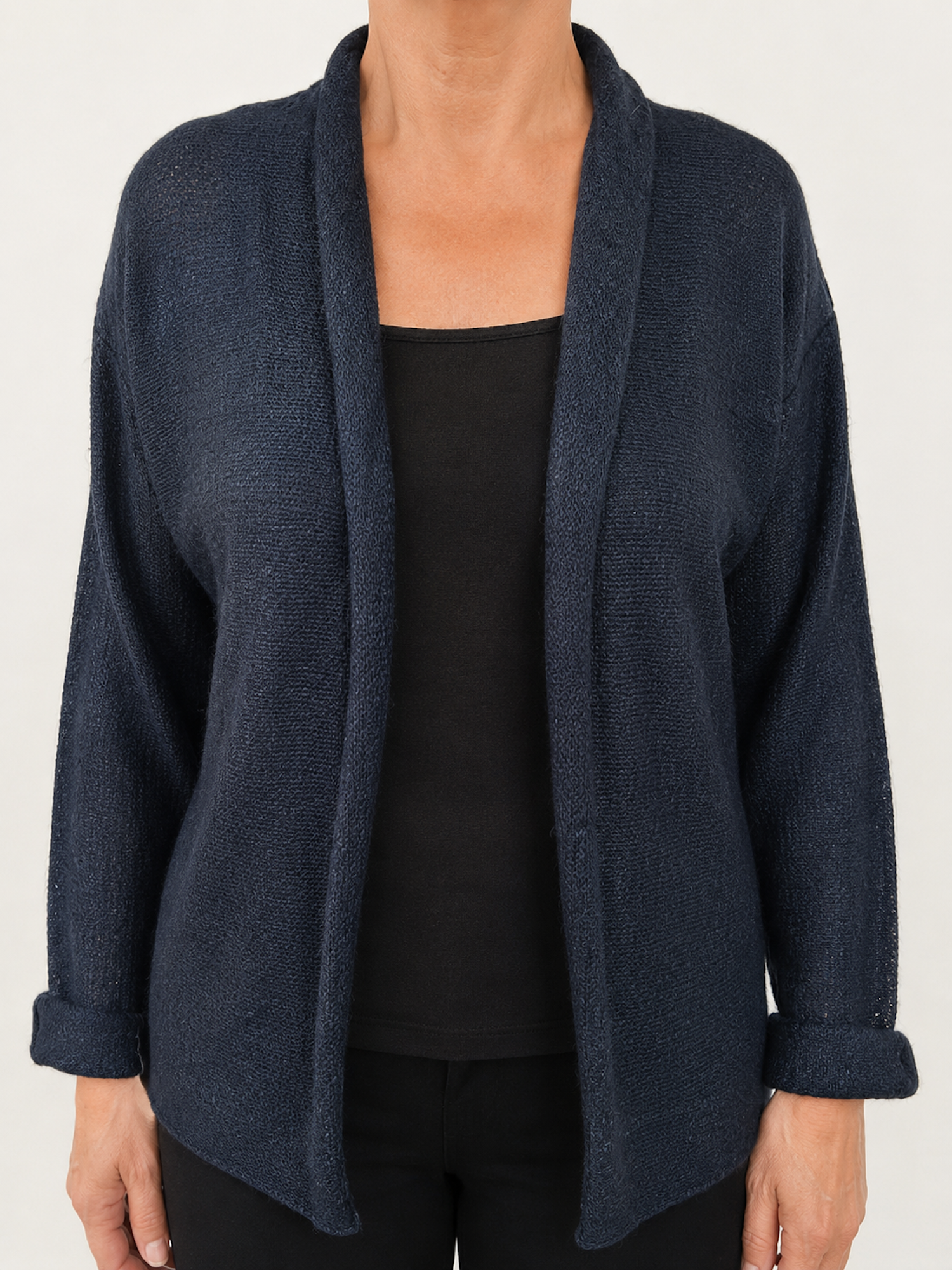 Gilet ouvert col châle bleu nuit Promod femme taille L porté