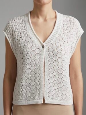 Gilet sans manche blanc ajouré style crochet femme taille XL porté
