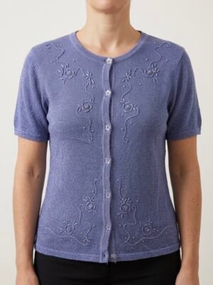 Gilet vintage bleu pervenche manches courtes brodé de perles