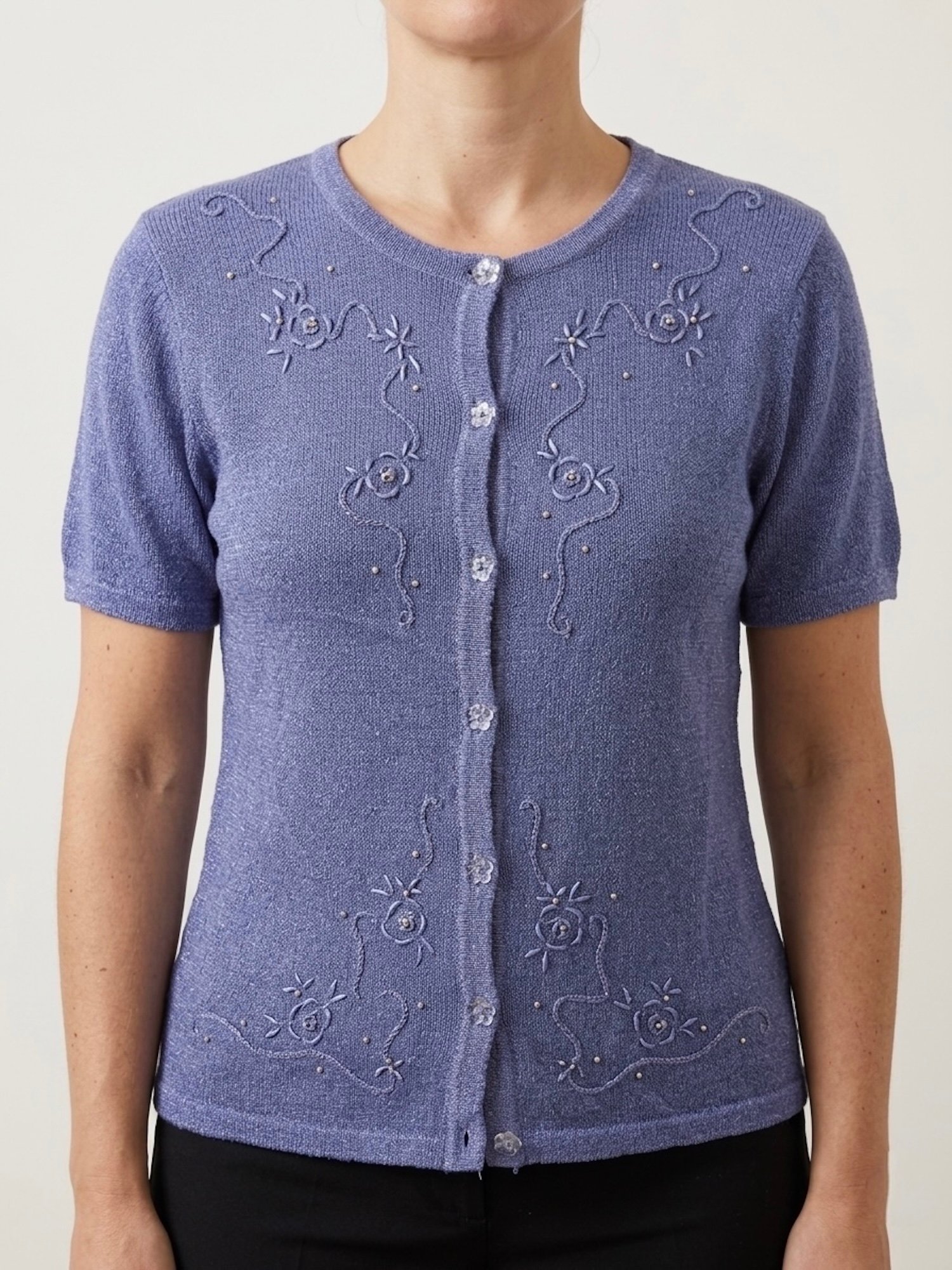 Gilet vintage bleu pervenche manches courtes brodé de perles