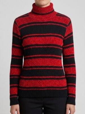 Pull col roulé rayé noir et rouge effet chenille femme taille S porté