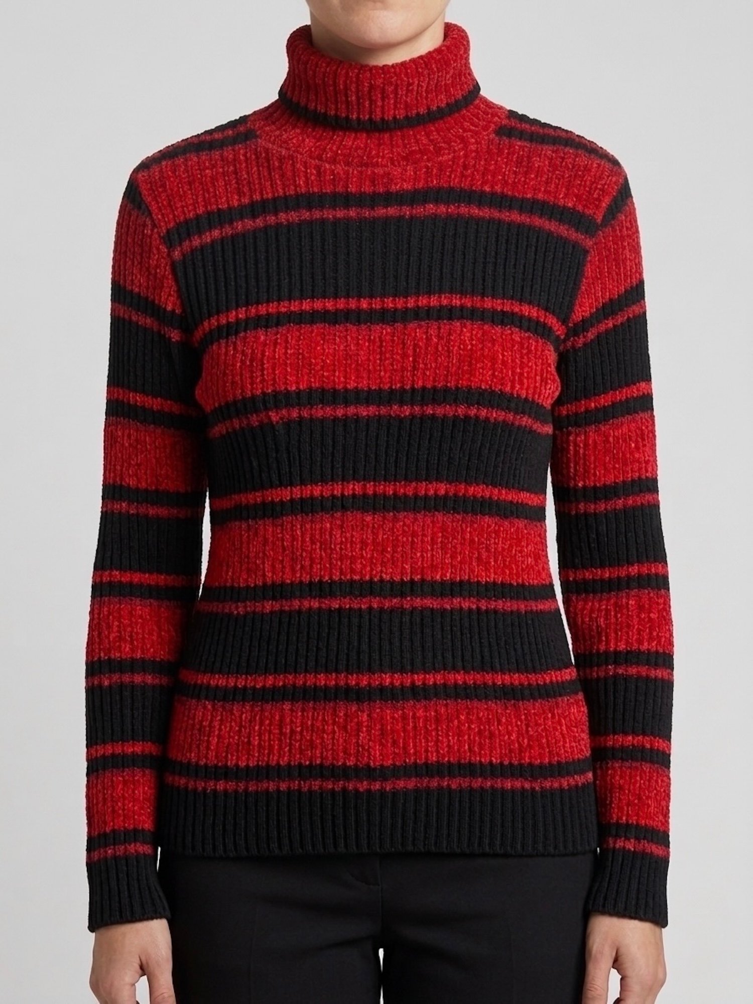 Pull col roulé rayé noir et rouge effet chenille femme taille S porté