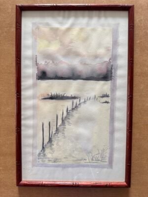 Tableau aquarelle représentant un ponton dans la brume avec cadre façon bambou