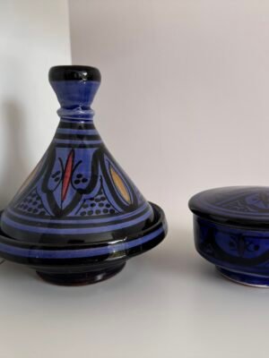 Duo tajine et boîte en céramique artisanale bleu et noir d'occasion – déco orientale vintage de seconde main sur friperie en ligne
