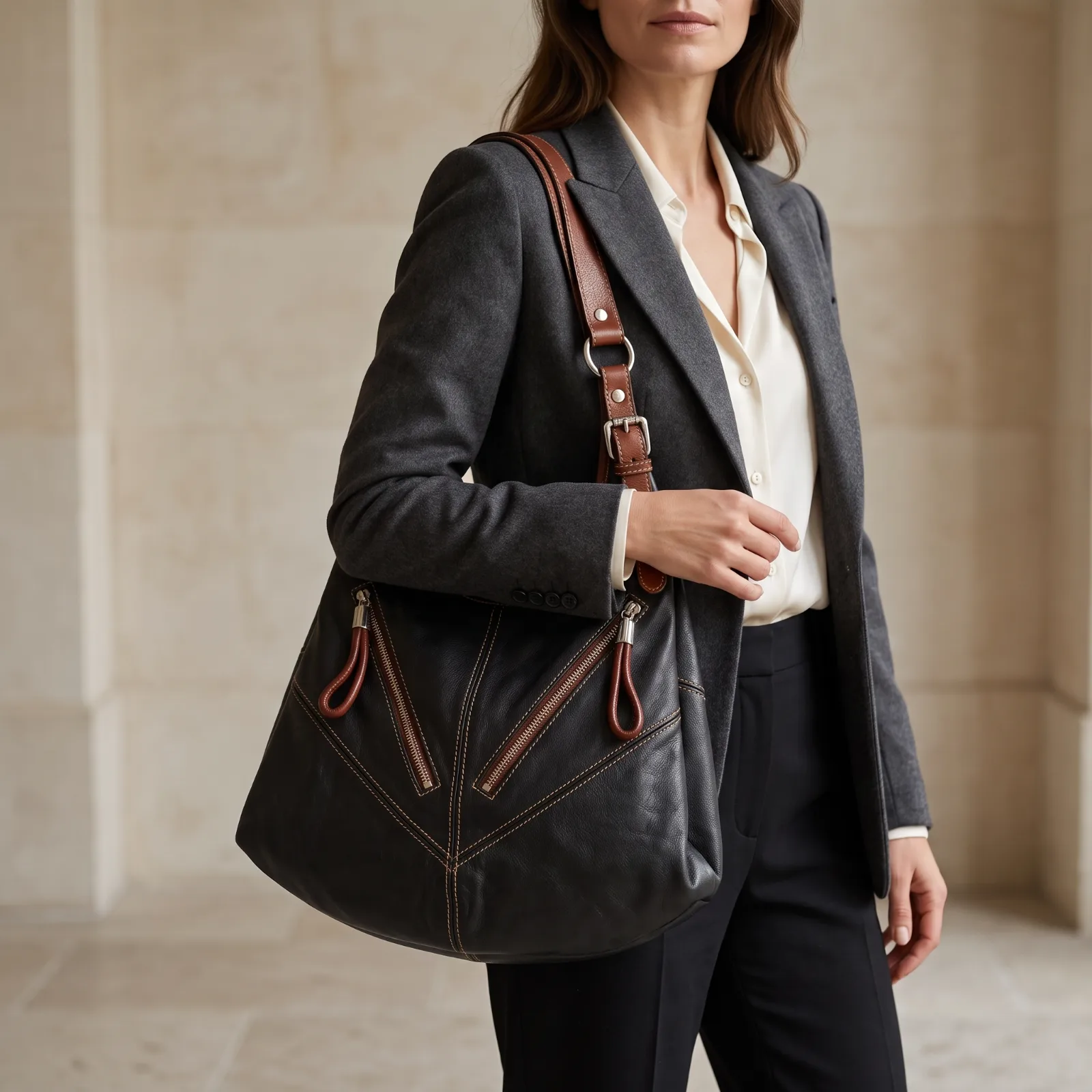 grand sac hobo motard noir marron artisanal made in italy face
