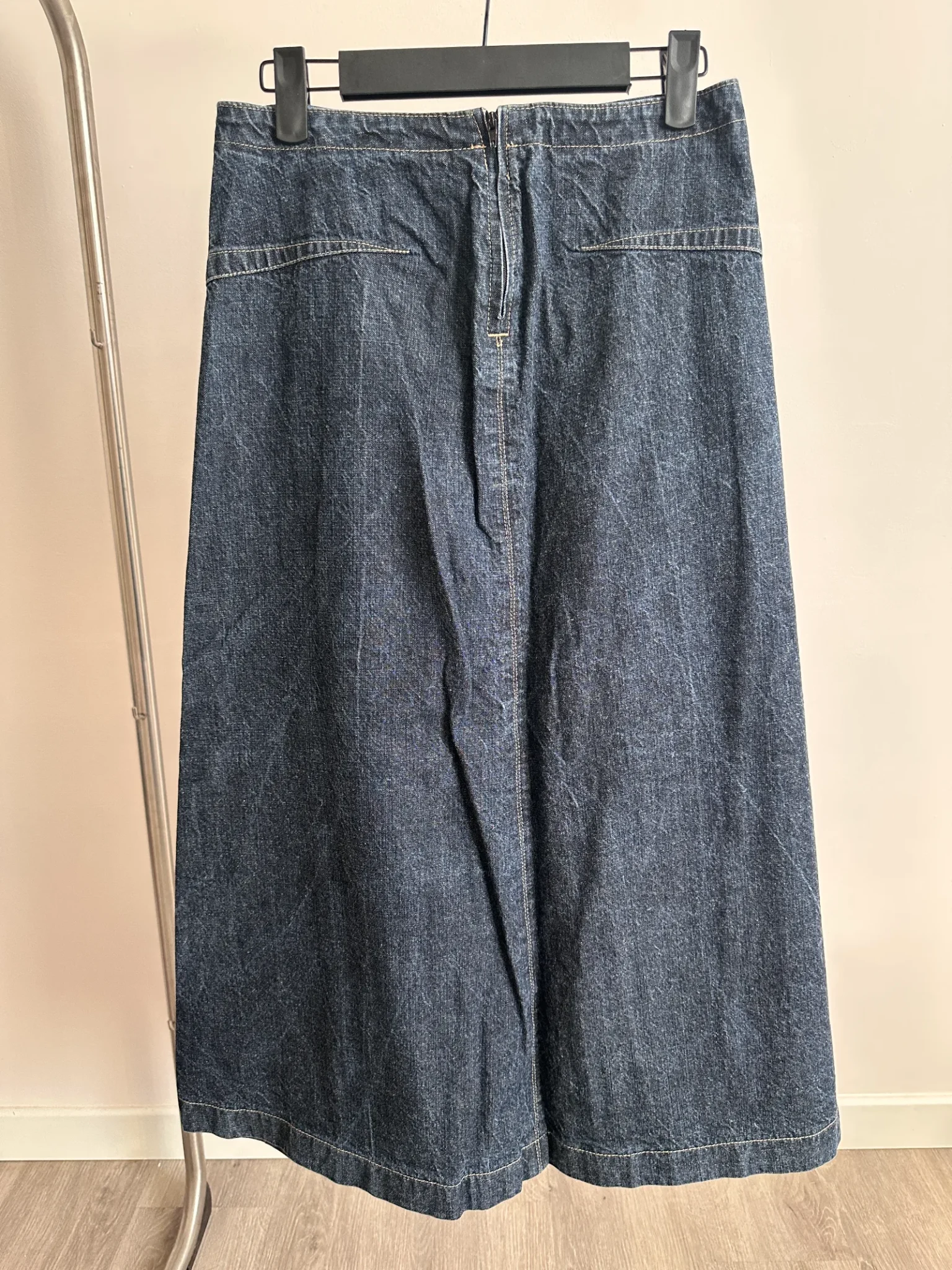 jupe longue en denim a panneaux et surpiqures ober coupe evasee vintage bleu ober jeans dos
