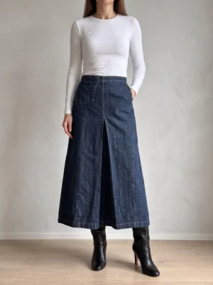 jupe longue en denim a panneaux et surpiqures ober coupe evasee vintage bleu ober jeans porte