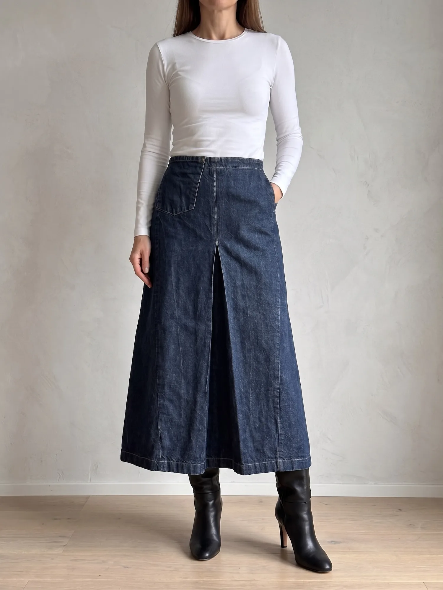 jupe longue en denim a panneaux et surpiqures ober coupe evasee vintage bleu ober jeans porte
