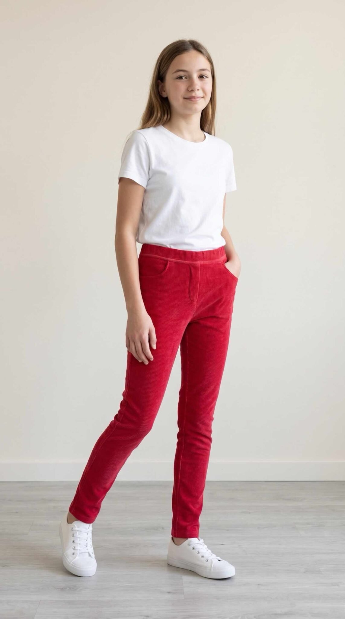 Jeune fille souriante portant un pantalon en velours rouge Orchestra avec un t-shirt blanc