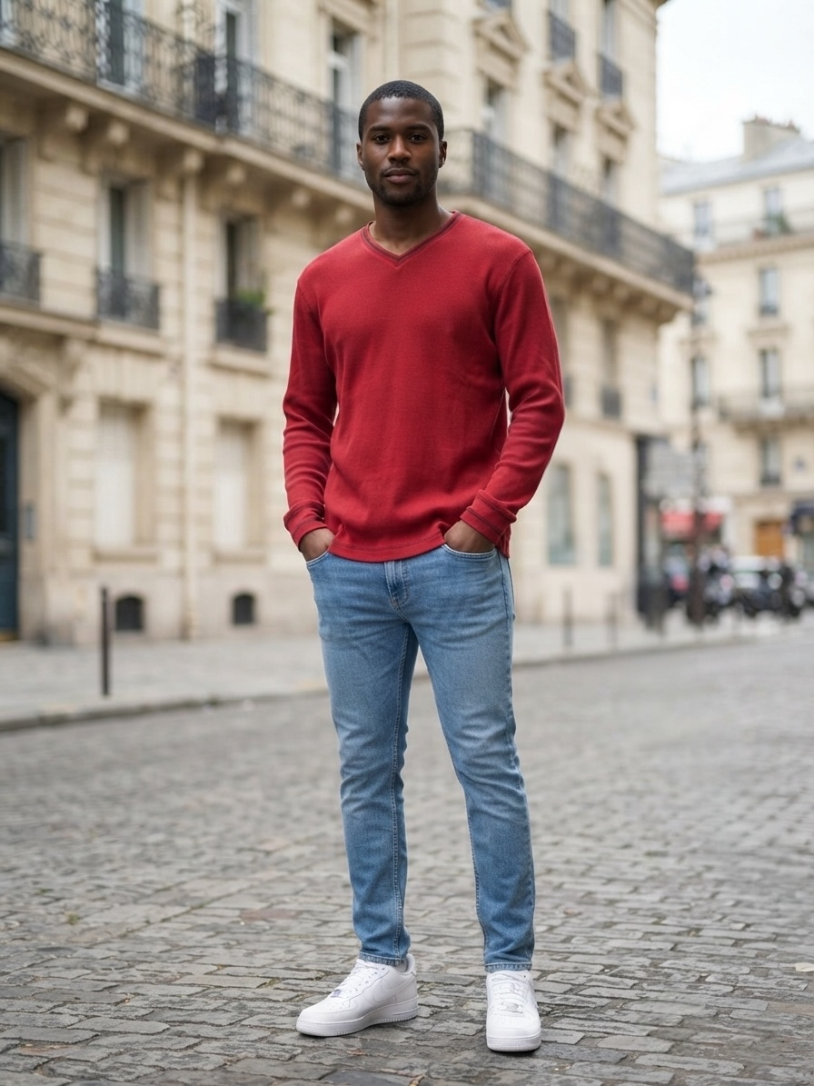 Pull col V rouge Celio homme en maille texturée.