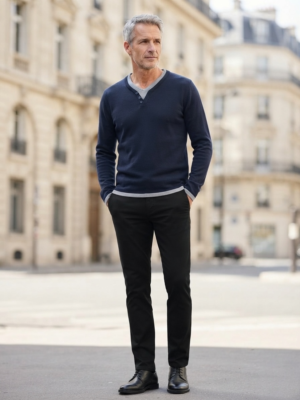 Pull col tunisien bleu marine Staff Denim en pur coton. Effet double col gris contrasté, style casual. Pièce unique de seconde main, contrôlée par Oumi Friperie.