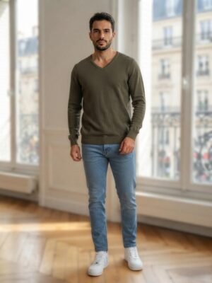 Pull H&M col V vert kaki une pièce sobre et essentielle, 100% coton