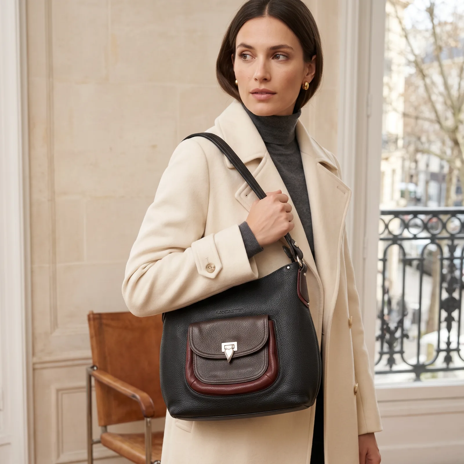 sac hobo lancaster tricolore noir marron bordeaux face
