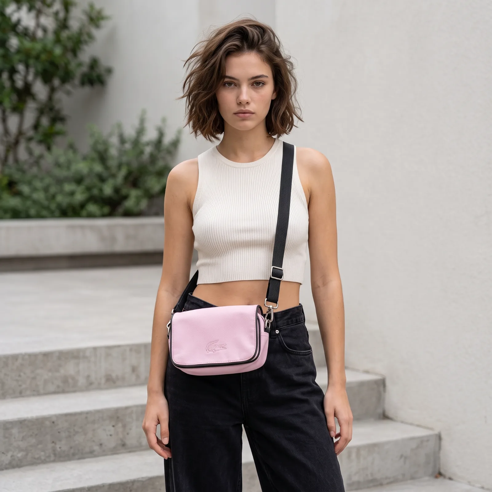 sacoche lacoste piquee rose face