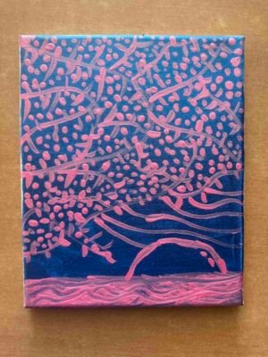 Petite toile abstraite moderne aux motifs roses sur fond bleu