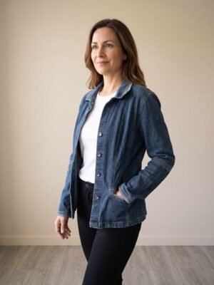 Veste en jean bleu denim pour femme à coupe cintrée et poches plaquées