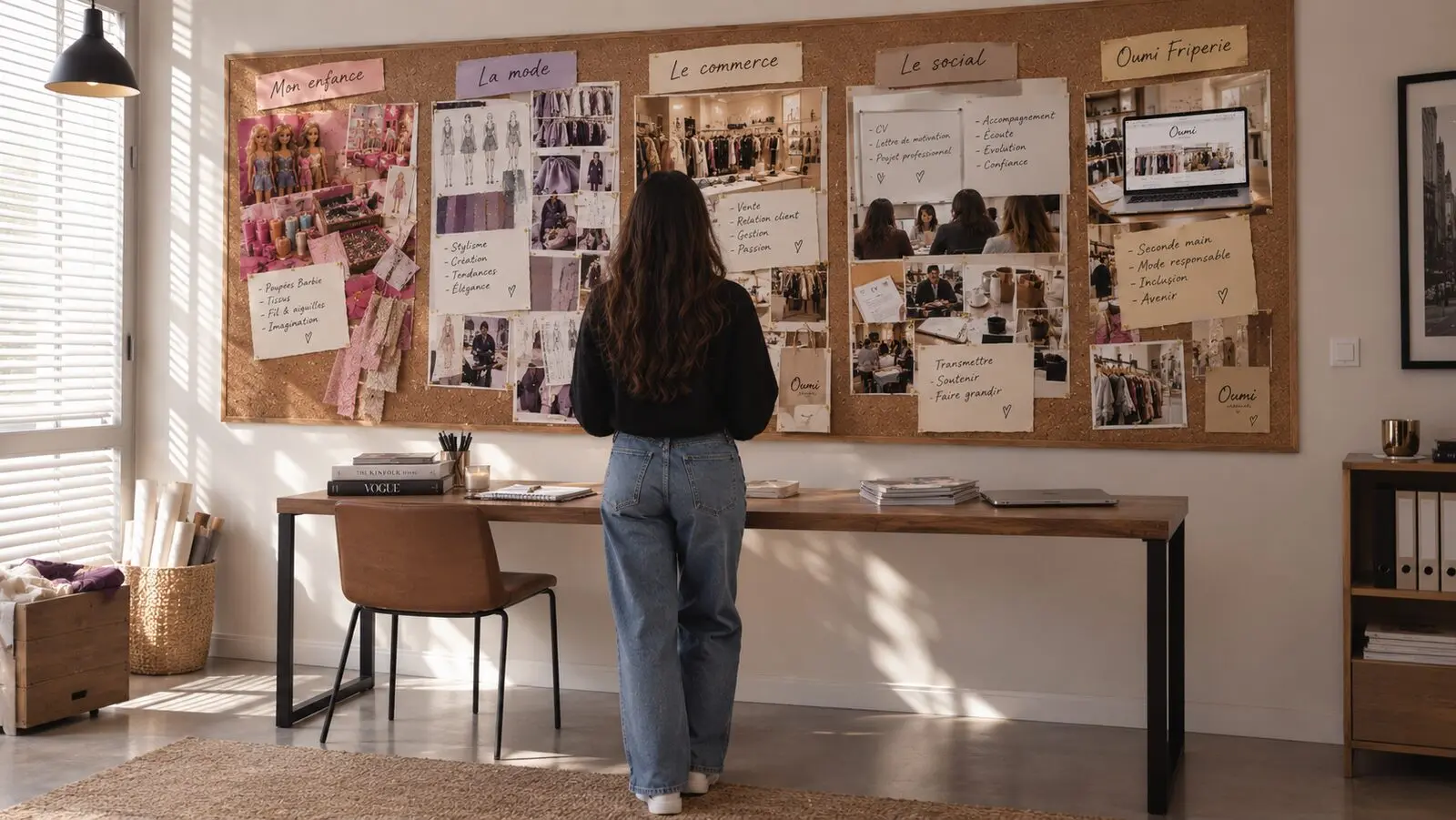 Mur d'inspiration retraçant le parcours de Soria, fondatrice d'Oumi Friperie : de l'enfance à la mode, du commerce au social, jusqu'à la friperie en ligne