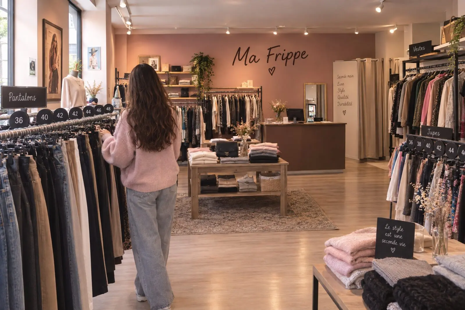 Intérieur de la première boutique physique de friperie, avec portants de vêtements de seconde main, table de présentation et enseigne murale