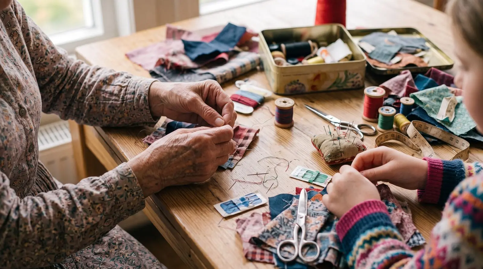 Transmission du savoir-faire en couture entre une grand-mère et sa petite-fille, mains occupées à coudre parmi tissus, bobines de fil et boîte à couture ancienne