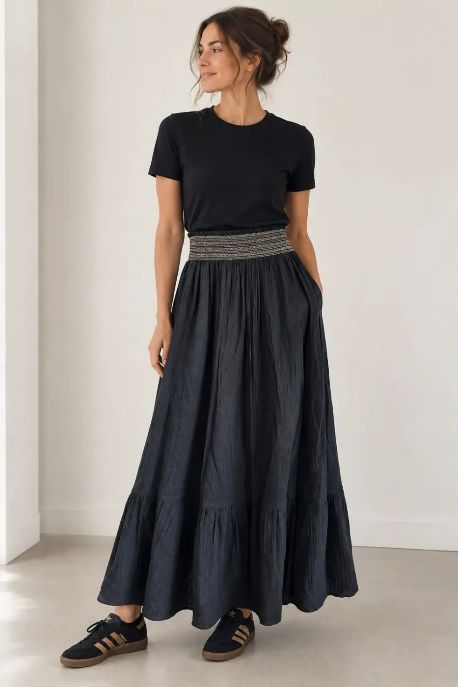 jupe longue noire smockee camaieu porte