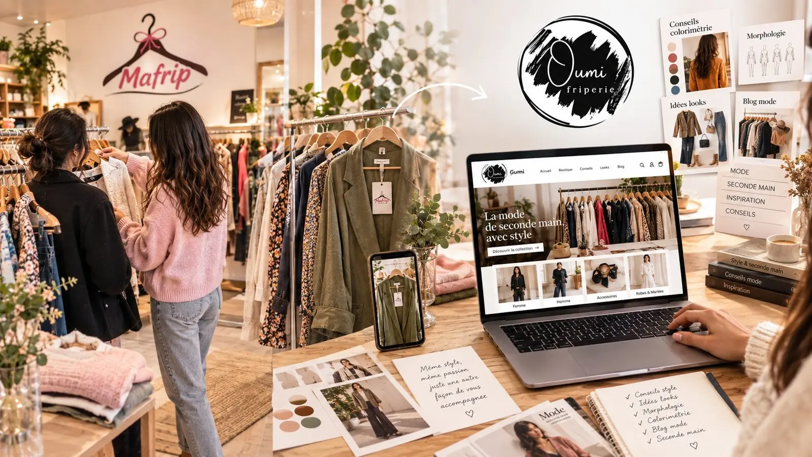 Passage de la boutique physique de friperie à la friperie en ligne Oumi Friperie, avec le logo de la marque et le site web affiché sur un ordinateur portable